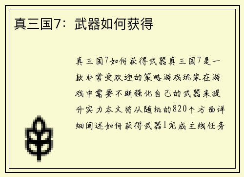 真三国7：武器如何获得