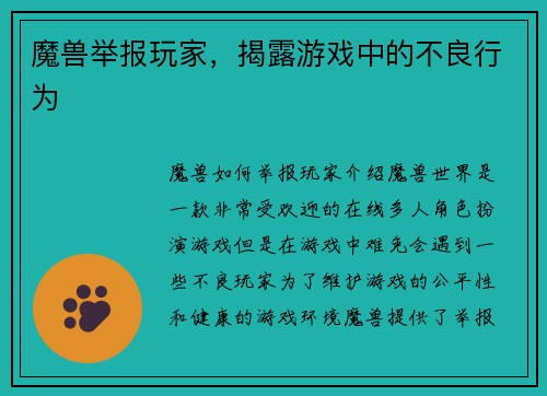 魔兽举报玩家，揭露游戏中的不良行为